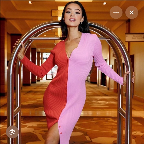 STAUD Two-Tone Long Sleeve Dress in Pink and Red - Picture 1 of 5